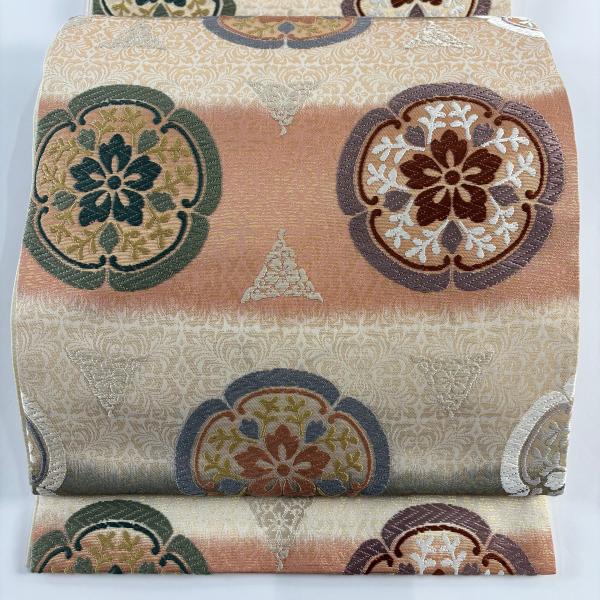 袋帯 名品 能衣唐草華文 唐織 箔 ベージュ 六通 正絹 中古 在庫一掃