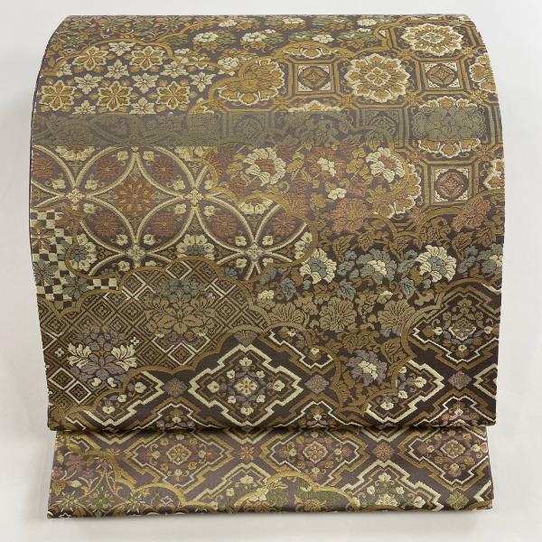 名品 箔屋清兵衛 袋帯 六通 落款 草木染 木目 波 箔 ベージュ 正絹 中古 名品 箔屋清兵衛 袋帯 六通 落款 草木染 木目 波 箔 ベージュ