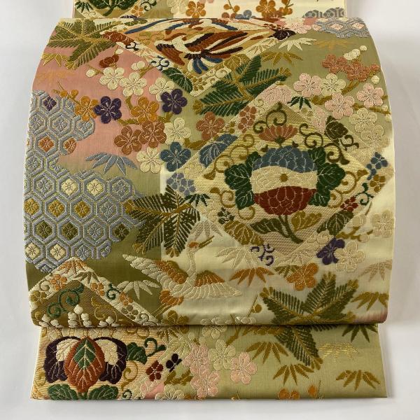 袋帯 美品 秀品 花鳥 松竹梅 唐織 箔 クリーム 六通 正絹 中古 在庫