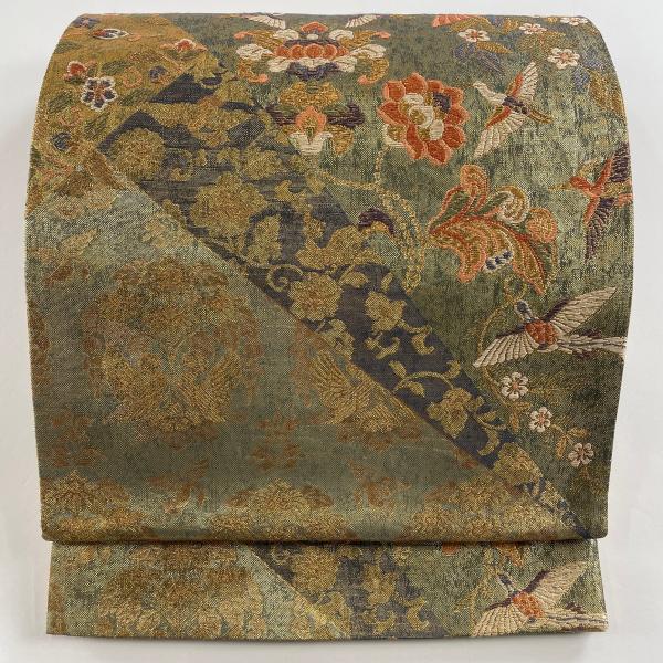 帯　茶系　袋帯　古代金錦　重兵衛　未使用 袋帯 美品 秀品 花喰い鳥 枝花 金糸 箔 山吹茶色 六通 正絹 中古 在庫