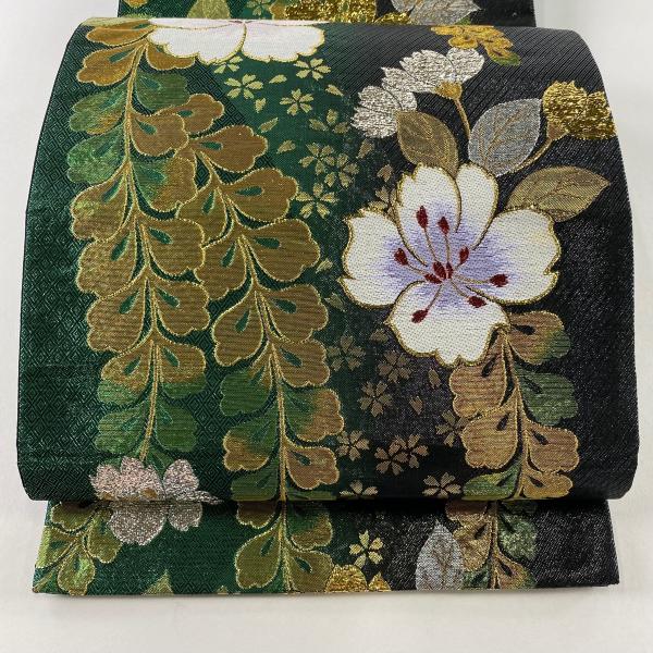 袋帯 秀品 振袖向き 草花 桜 金銀糸 箔 緑 六通 正絹 中古 : リユース