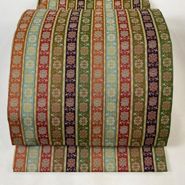 開き名古屋帯 名品 龍村美術織物 縞 華文 金通し 銀通し 茶緑色