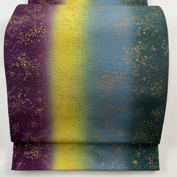 袋帯 美品 名品 紬地 幾何学模様 段縞 金彩 ぼかし 青緑 全通 正絹