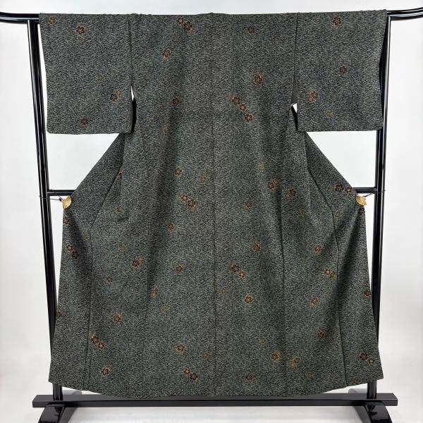 小紋 身丈154.5cm 裄丈64cm M 袷 桜 金彩 深緑 正絹 秀品 中古 在庫