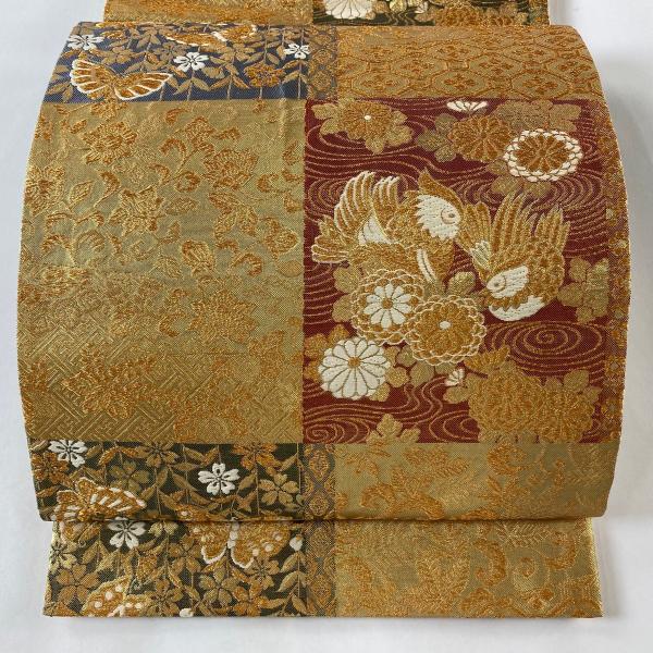 刺繍 六通 袋帯 金糸 正絹 未使用品 袋帯 美品 秀品 鴛鴦 花蝶 金糸 刺繍 金色 六通 正絹 中古 : リユース