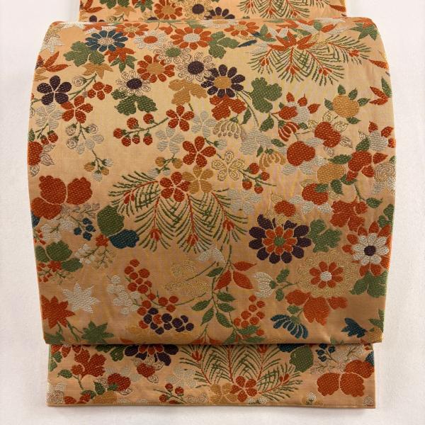 袋帯 秀品 関西仕立て 松竹梅 菊 箔 唐織 薄茶色 六通 正絹 中古 在庫