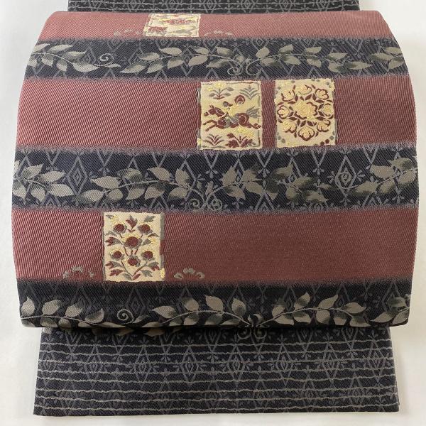 袋帯 美品 秀品 色紙 草花 金糸 赤紫 六通 正絹 中古 : リユース