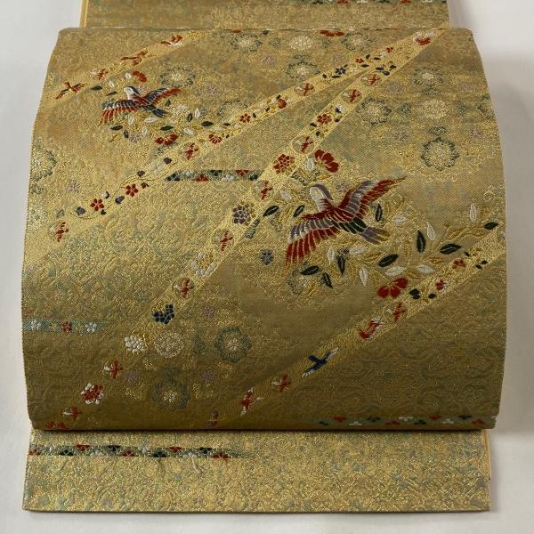 袋帯 美品 逸品 引箔本金紹巴 菱重ね鏡文 金糸 金色 お太鼓柄 正絹 美品】 袋帯 逸品 じゅらく 落款あり じゅらく帝王紫 鏡裏文 秋草文