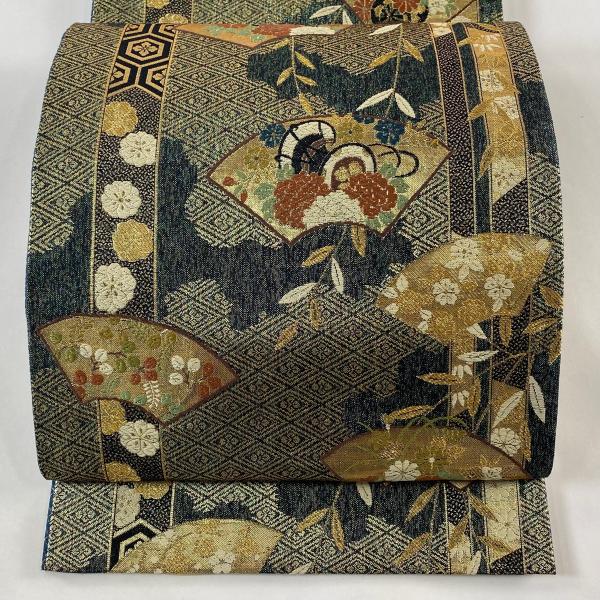 訪問着セット しつけ糸付 金駒刺繍 綸子 流水 萩 扇面 六通袋帯 琳派百選 袋帯 美品 秀品 扇面 鼓 金糸 箔 深緑 六通 正絹 中古 : リユース