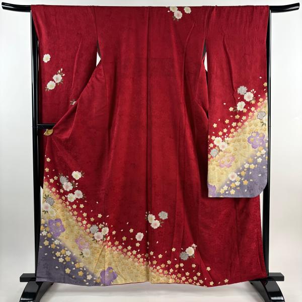 振袖 身丈161cm 裄丈66cm M 袷 桜 花びら 箔 金彩 赤 正絹 美品 名品