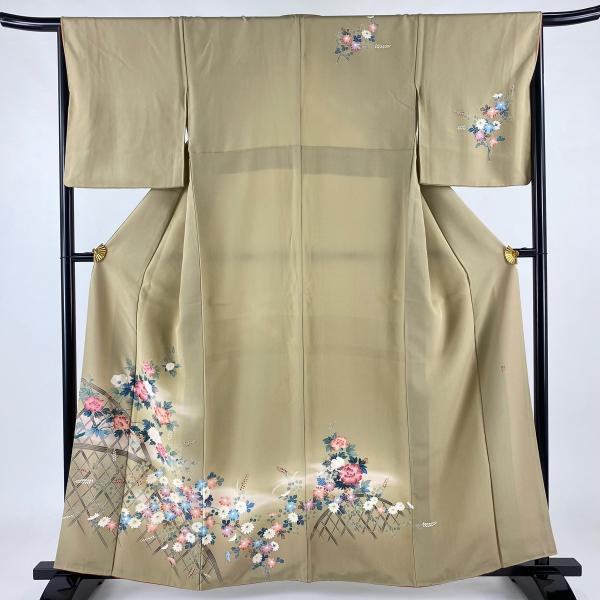 訪問着 身丈158.5cm 裄丈66cm M 袷 落款あり 草花 間垣 ぼかし 薄茶色
