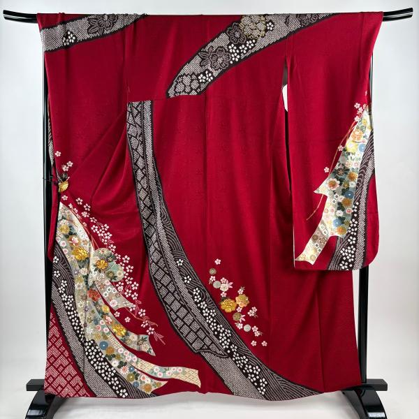 振袖 身丈160cm 裄丈71cm L 袷 熨斗 鞠 金糸 絞り 赤 正絹 秀品 中古