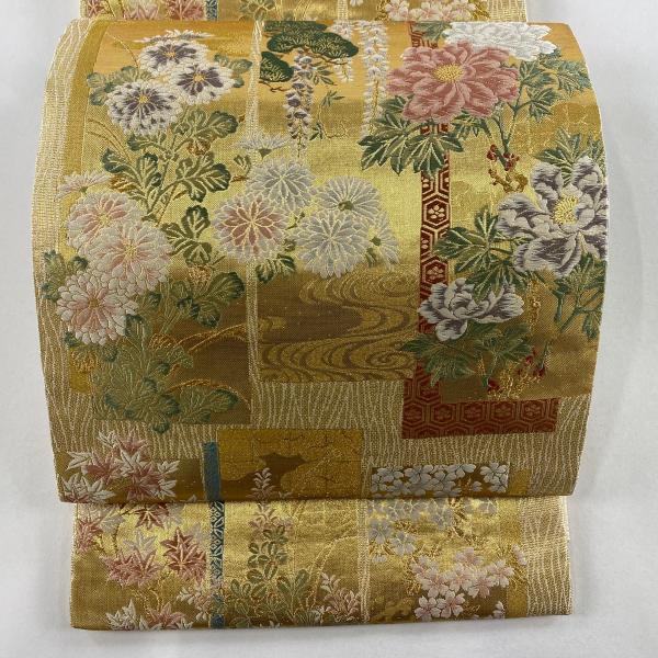 袋帯 美品 秀品 朱雀 琳派百選 草花 枝花 金糸 箔 金色 六通 正絹 中古