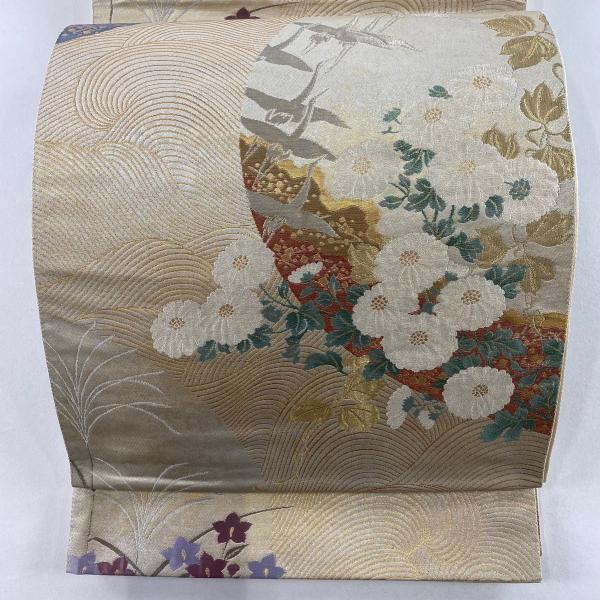 袋帯 秀品 じゅらく 落款あり 錦彩草花文様 鶴 菊 金銀糸 箔 クリーム