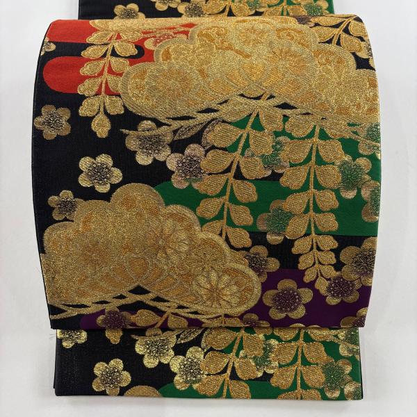 袋帯 秀品 夢乃里 松梅 菊 金糸 箔 黒 六通 正絹 中古 : リユース