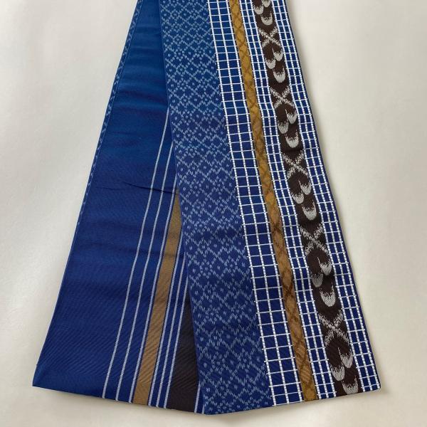 半幅帯 美品 名品 証紙あり 博多織 格子 幾何学模様 藍色 正絹 中古