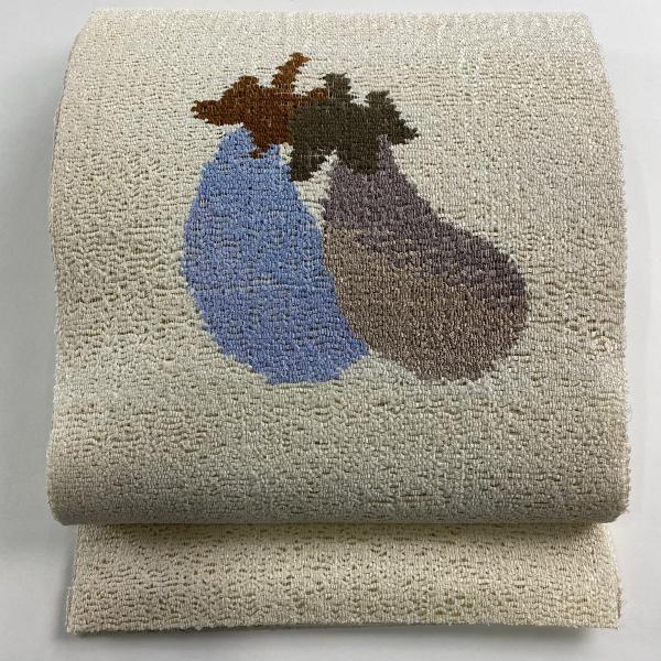 名古屋帯 秀品 八寸名古屋帯 夏帯 茄子 ベージュ 正絹 中古
