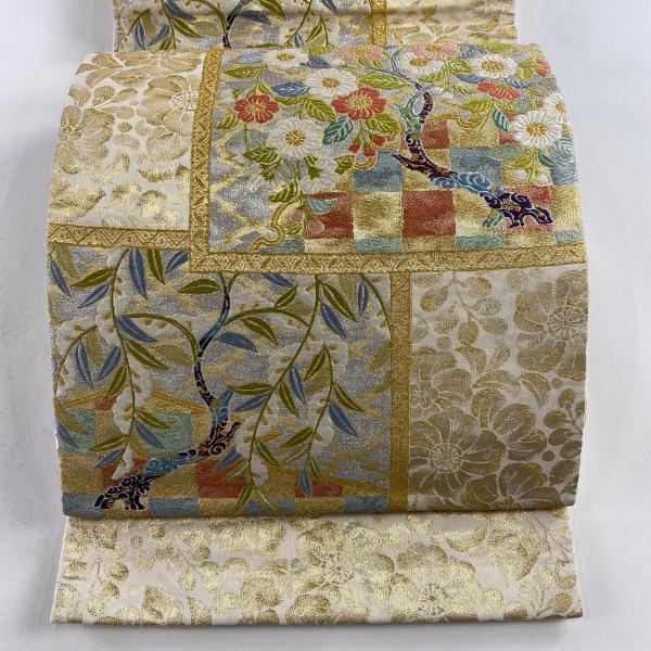 袋帯 美品 秀品 柳桜優彩文 金銀糸 箔 ベージュ 六通 正絹 中古