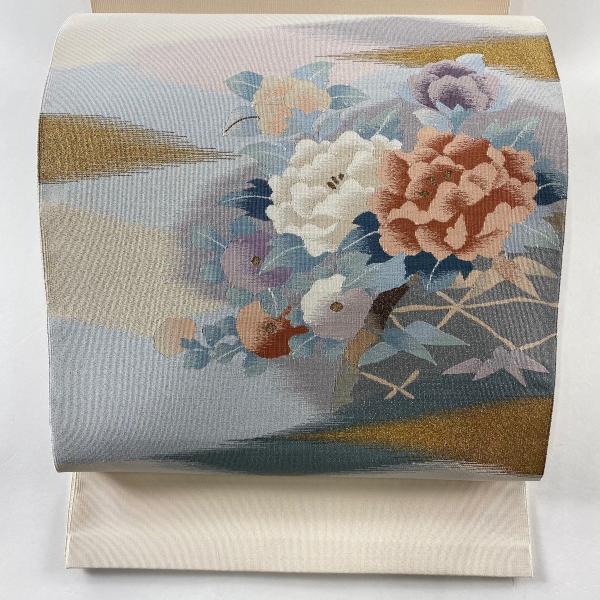 名古屋帯 秀品 八寸名古屋帯 牡丹 菊 金糸 ベージュ 正絹 中古