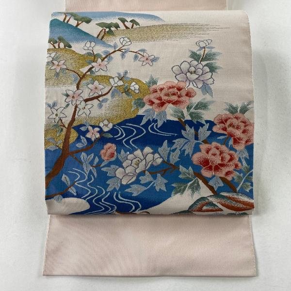 美品 名古屋帯 単衣 松葉仕立て 紫 草花 縦縞 長さ3ｍ71㎝ お洒落 美品 名古屋帯 単衣 松葉仕立て 紫 草花 縦縞 長さ3m71㎝ お洒落