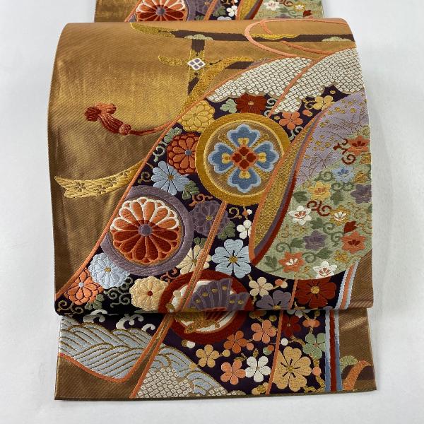 袋帯 秀品 関西仕立て 丸文 花唐草 金糸 唐織 金色 六通 正絹 中古