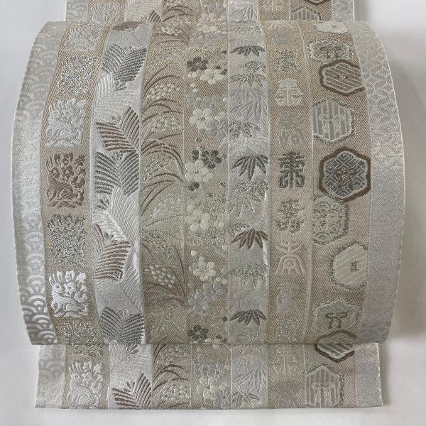 袋帯 美品 名品 落款あり 岩井友見 縞 松竹梅 箔 銀糸 灰白 全通 正絹