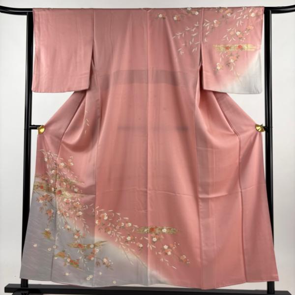 訪問着 身丈154.5cm 裄丈63cm S 袷 枝垂れ桜 霞 刺繍 金彩 ピンク 正絹