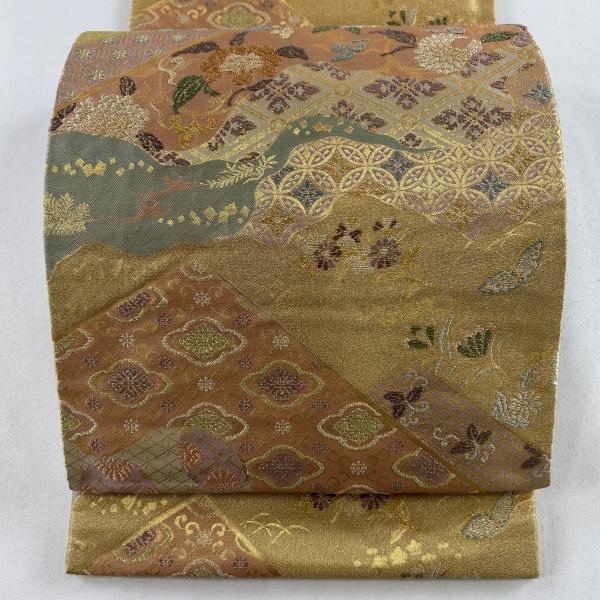 袋帯 美品 秀品 明綴 秀華文様 蝶 刺繍 箔 金色 六通 正絹 中古
