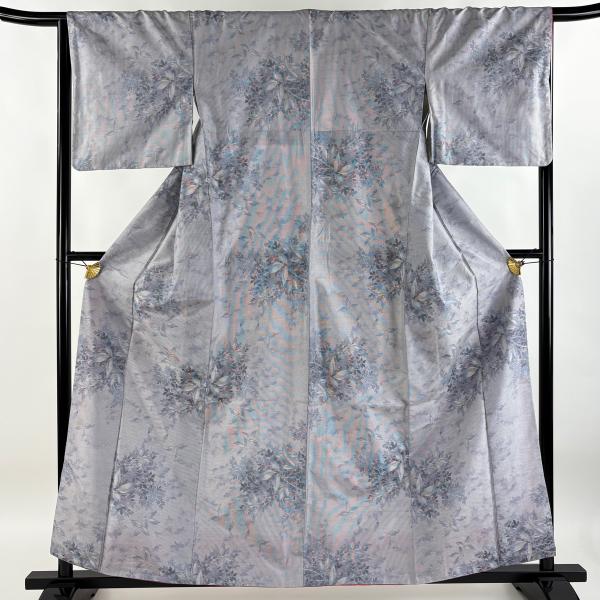 大島紬 身丈160cm 裄丈66.5cm M 袷 都喜ヱ門 証紙あり 草花 灰紫 正絹