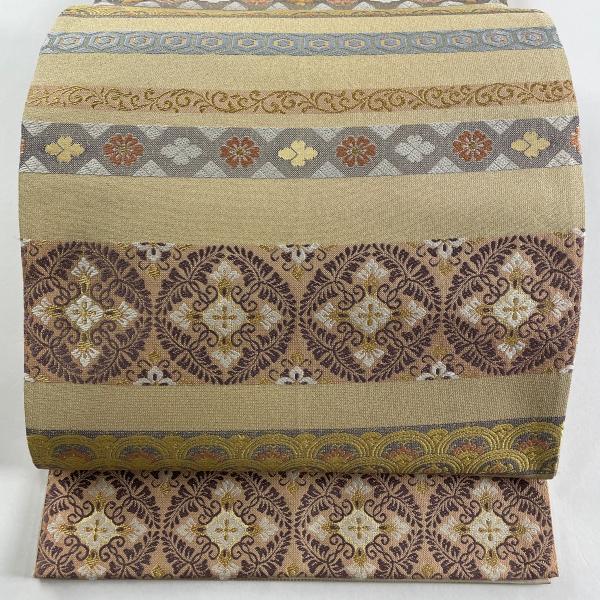 袋帯 名品 華文 縞 刺繍 箔 金色 全通 正絹 中古 在庫一掃 : リユース