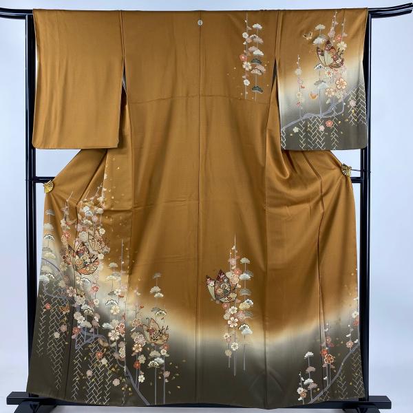 訪問着 身丈158cm 裄丈64.5cm M 袷 蝶 桜 金彩 ぼかし 金茶 正絹 秀品