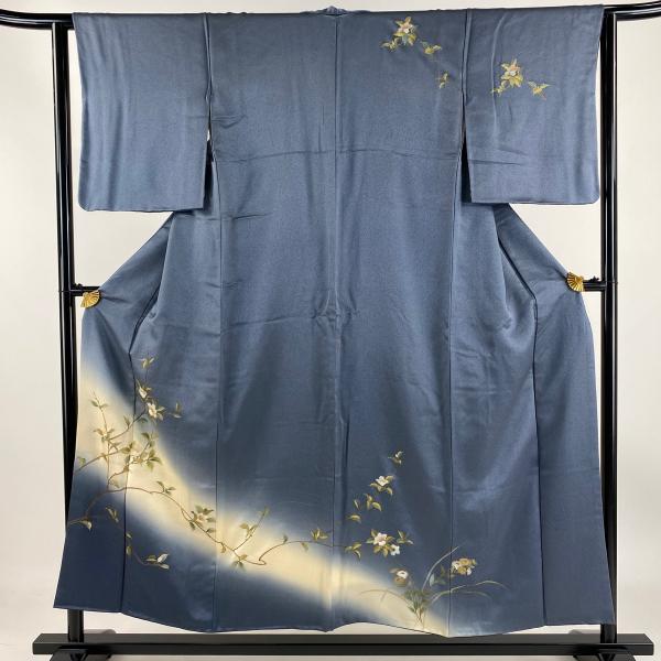 訪問着 身丈153.5cm 裄丈62cm S 袷 枝花 金彩 螺鈿 青灰色 正絹 秀品