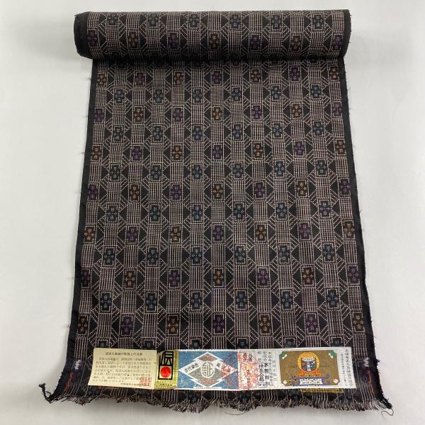 反物 逸品 大島紬 証紙有 花 縞 純泥染 焦茶色 正絹 中古