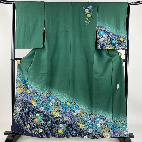 訪問着 身丈161cm 裄丈65cm M 袷 落款あり 辻が花 金彩 染め分け 緑