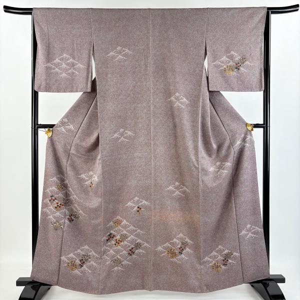 紬　付下げ　摺り疋田　草花 付下げ 身丈162cm 裄丈63.5cm S 袷 草花 疋田柄 金彩 灰紫 正絹 美品