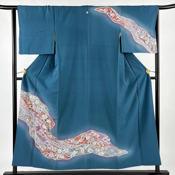 訪問着 身丈152.5cm 裄丈64cm M 袷 辻が花柄 道長取り ぼかし 青灰色