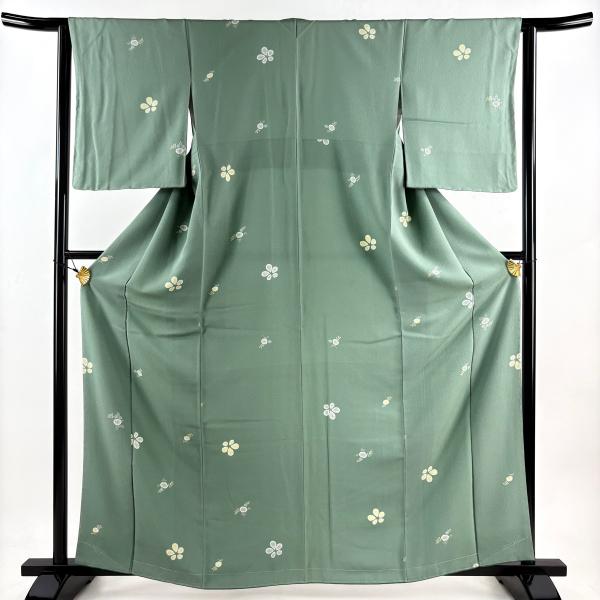 小紋 身丈164cm 裄丈62cm S 袷 草花 縮緬 薄緑 正絹 秀品 中古 在庫