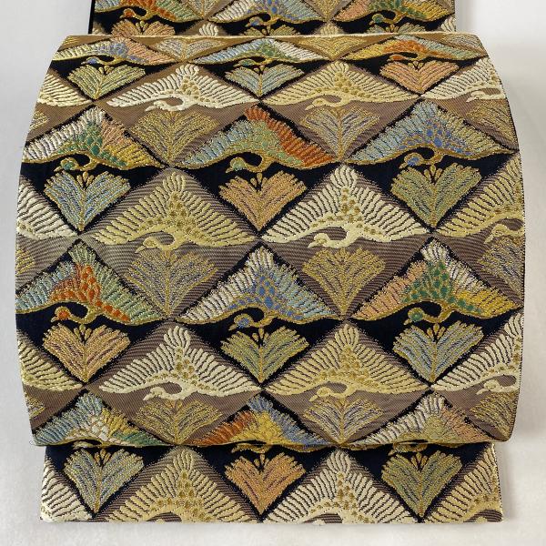 リバーシブル袋帯　正絹　銀糸　黒　市松　瓢箪　未使用 中古】 袋帯 正絹 墨黒 市松 月 長さ440cm 幅31cm リサイクル