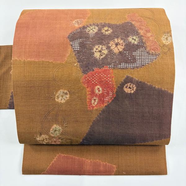 紬名古屋帯（格子に花絣文）全通総柄　正絹美品 名古屋帯 美品 秀品 紬地 巻物 花鳥 刺繍 茶色 正絹 中古 : リユース