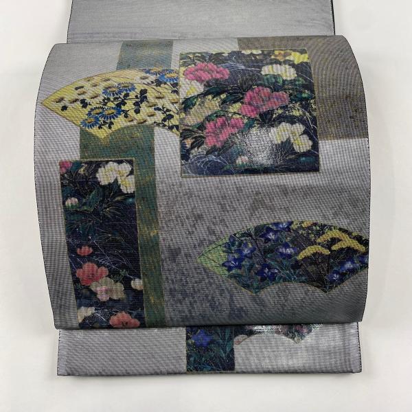 袋帯 美品 秀品 扇面 短冊 箔 灰色 六通 正絹 中古 在庫一掃