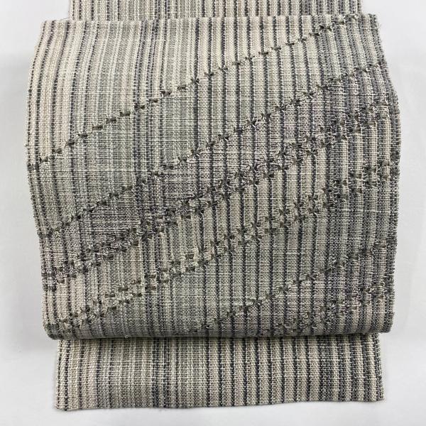 名古屋帯 美品 秀品 松葉仕立て 八寸名古屋帯 紬地 縞 灰色 正絹 中古
