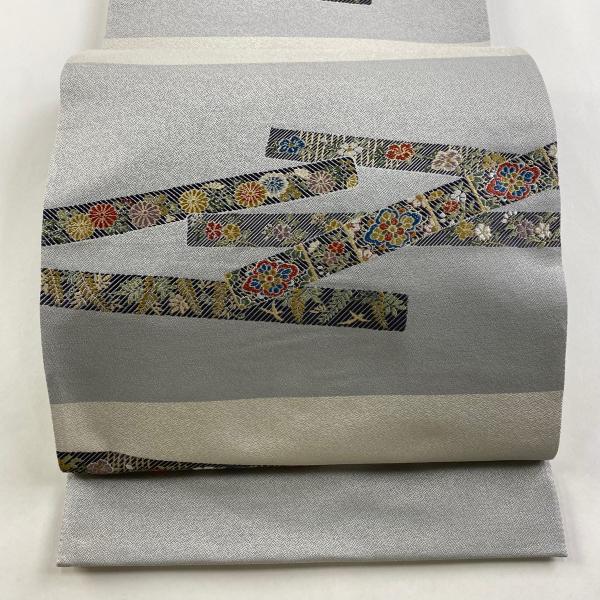袋帯 美品 秀品 草花 段縞 箔 青灰色 六通 正絹 中古 : リユース