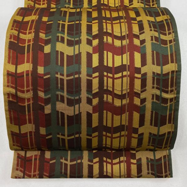 袋帯 美品 秀品 変わり格子 黄土色 全通 正絹 中古 在庫一掃