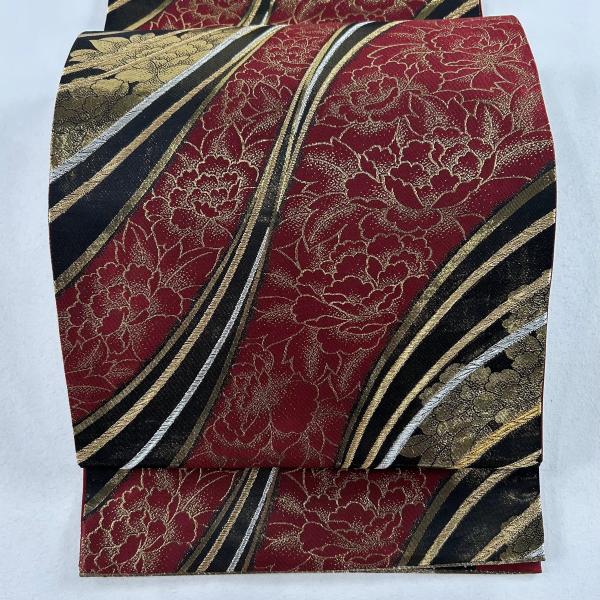 袋帯 秀品 草花 幾何学模様 箔 金銀糸 赤 六通 正絹 中古 : リユース