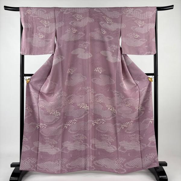 小紋 身丈165cm 裄丈66.5cm M 袷 扇 雲文 薄紫 正絹 秀品 中古