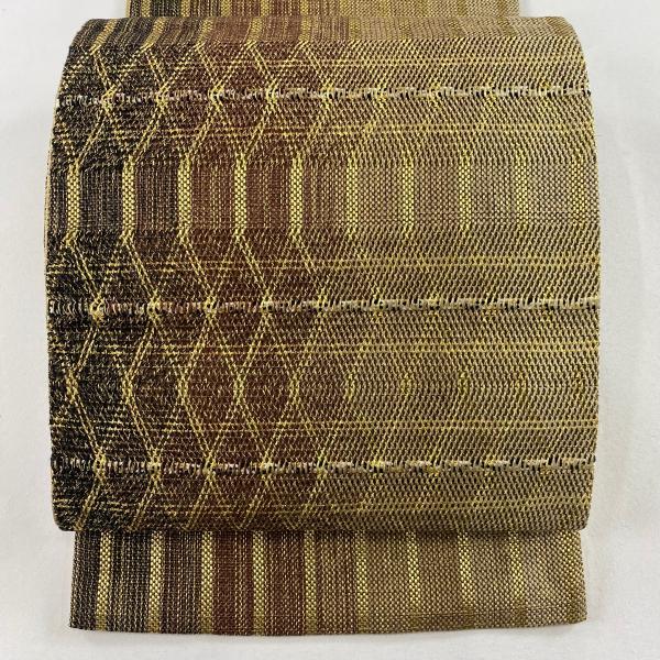 袋帯 美品 名品 縞 幾何学模様 金糸 金茶 全通 正絹 中古 在庫一掃