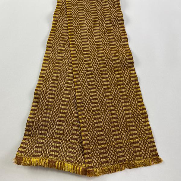 半幅帯 美品 名品 縞 幾何学模様 山吹茶色 正絹 中古 : リユース