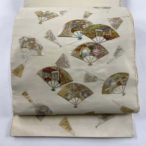 袋帯 名品 関西仕立て 扇 御所車 刺繍 金糸 クリーム お太鼓柄 正絹