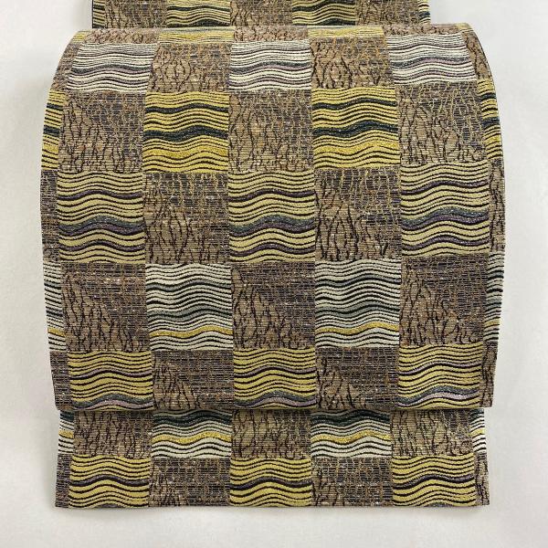 袋帯 美品 名品 市松 よろけ縞 箔 金茶 六通 正絹 中古 在庫一掃