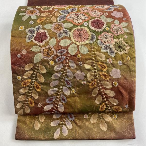 袋帯 美品 名品 落款あり 辻が花 金糸 箔 茶緑色 お太鼓柄 正絹 中古